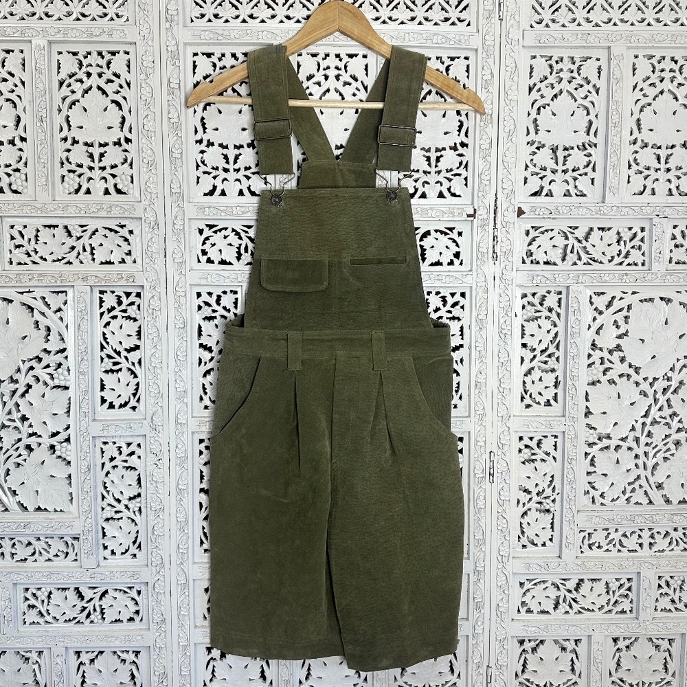 Vintage Don't Stop Genuine Suede Leather Olive Green‎ Khaki Short Overalls Sz XS